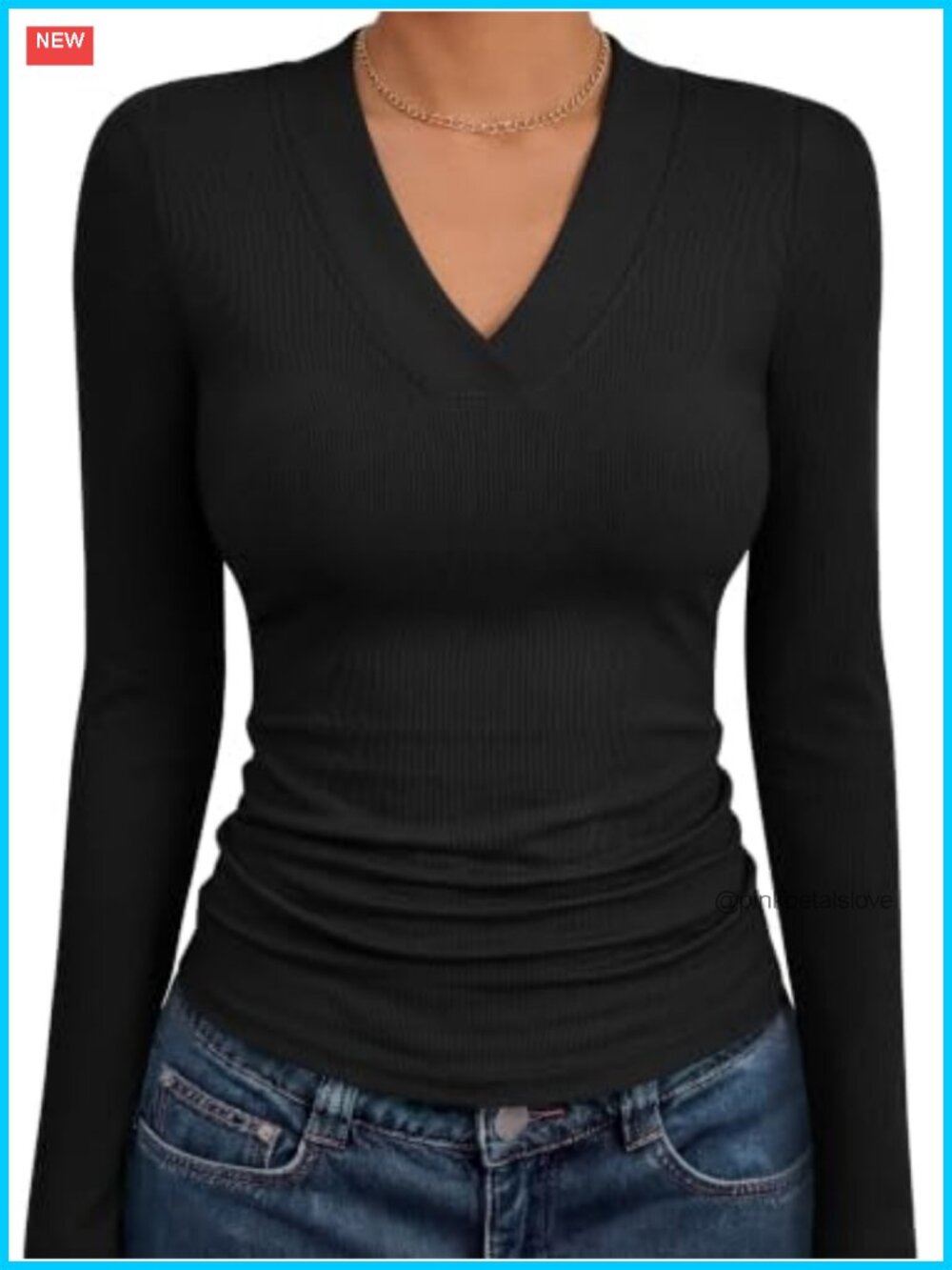 Womens V Neck Ribbed Knit Slim Fit Long Sleeve Fall Top
